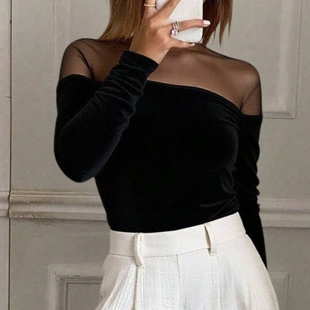 Black Casual Women's Mesh Long Sleeve Blouse - Picture 4 of 7